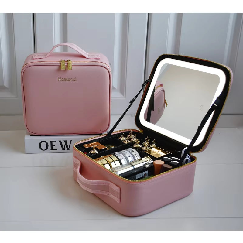 2022 New Smart LED Makeup Bag for Women with Mirror with Compartments Waterproof PU Leather Travel Cosmetic Case for Women