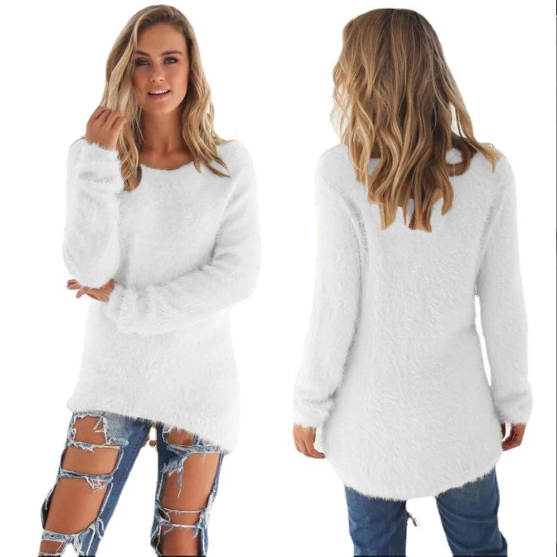 Women Warm Sweater Solid Color O Neck Loose Cotton Knitted Pullover