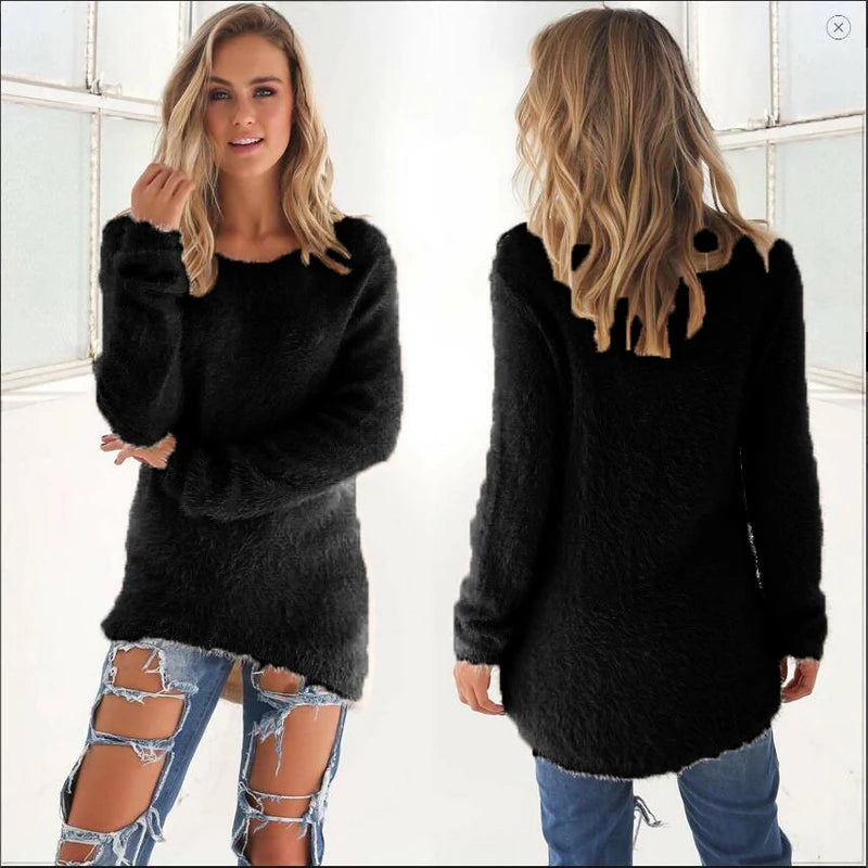 Women Warm Sweater Solid Color O Neck Loose Cotton Knitted Pullover