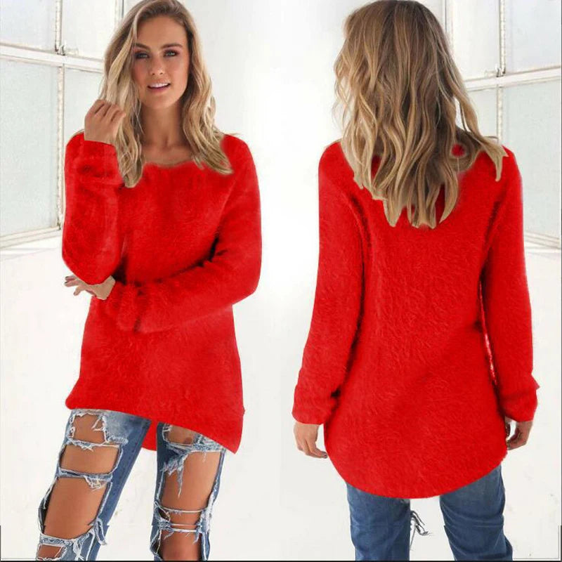 Women Warm Sweater Solid Color O Neck Loose Cotton Knitted Pullover