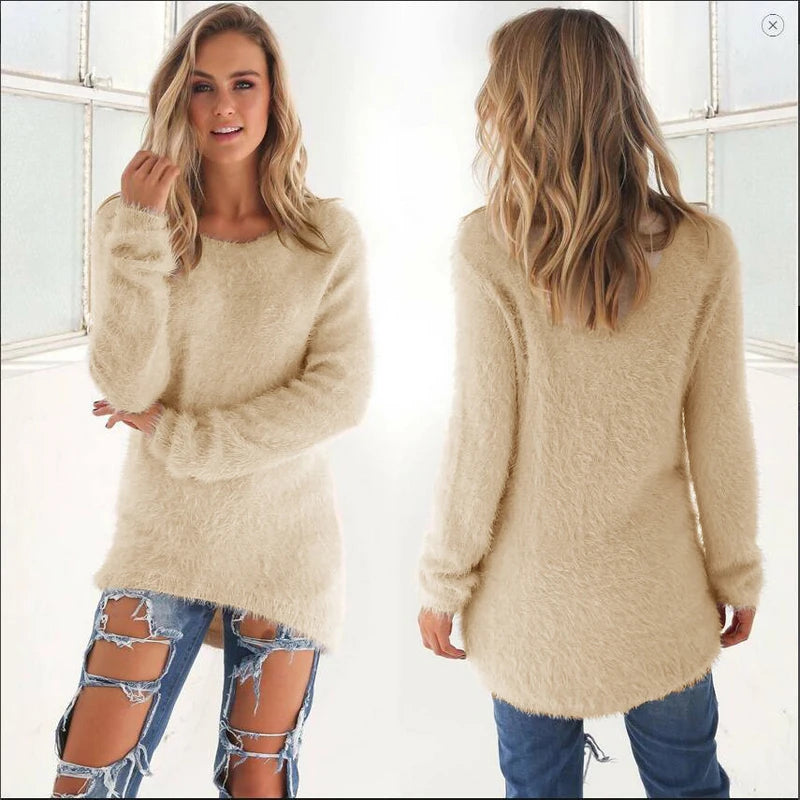 Women Warm Sweater Solid Color O Neck Loose Cotton Knitted Pullover