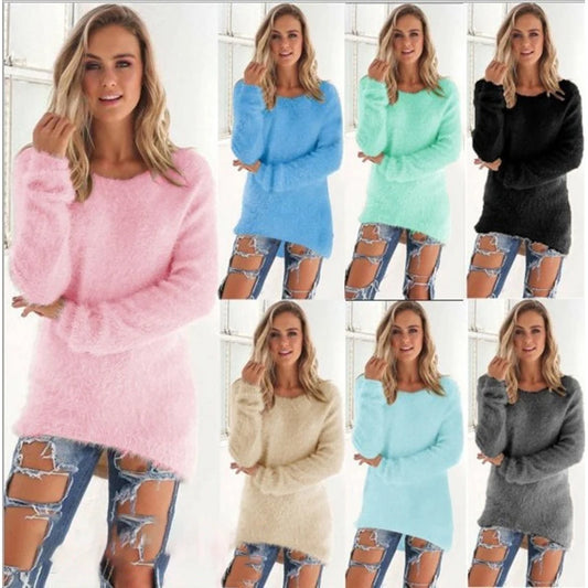 Women Warm Sweater Solid Color O Neck Loose Cotton Knitted Pullover