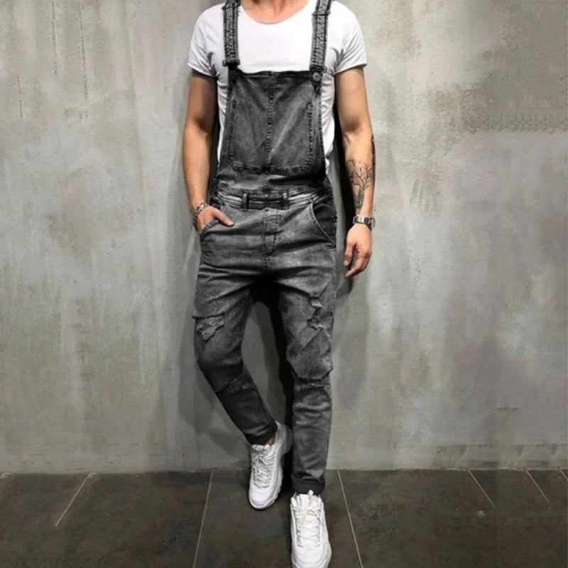 Slim-fit Ripped Denim Jumpsuit Men's Brand Cotton Denim Overalls Men's Straight Cool Street Hip-hop Denim Jumpsuit Pants Men