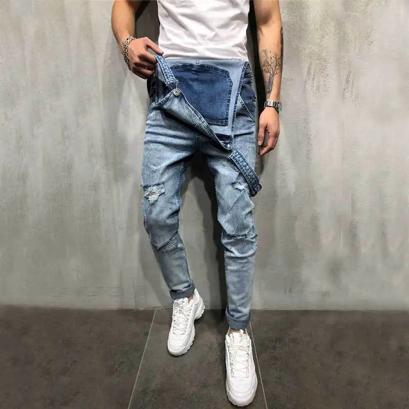 Slim-fit Ripped Denim Jumpsuit Men's Brand Cotton Denim Overalls Men's Straight Cool Street Hip-hop Denim Jumpsuit Pants Men