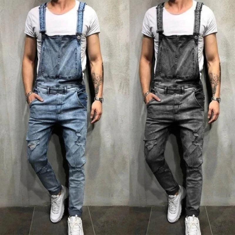 Slim-fit Ripped Denim Jumpsuit Men's Brand Cotton Denim Overalls Men's Straight Cool Street Hip-hop Denim Jumpsuit Pants Men