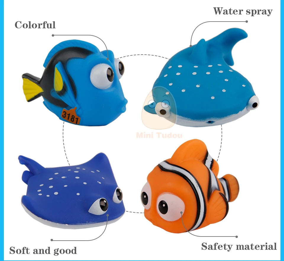 Baby Bath Toys Finding Fish Kids Float Spray Water Squeeze Aqua Soft Rubber Bathroom