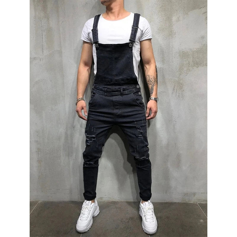 Slim-fit Ripped Denim Jumpsuit Men's Brand Cotton Denim Overalls Men's Straight Cool Street Hip-hop Denim Jumpsuit Pants Men