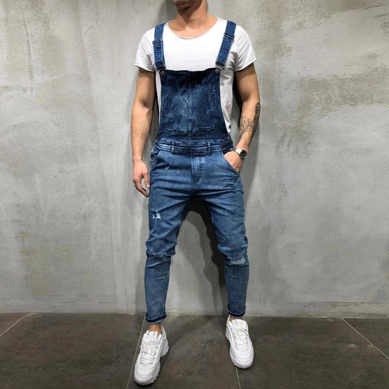 Slim-fit Ripped Denim Jumpsuit Men's Brand Cotton Denim Overalls Men's Straight Cool Street Hip-hop Denim Jumpsuit Pants Men