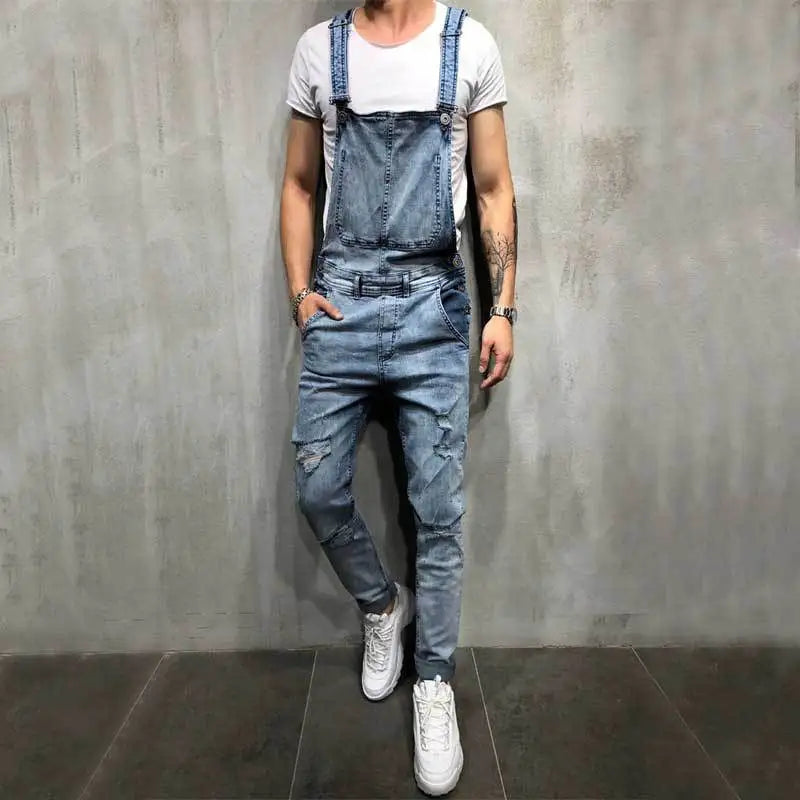 Slim-fit Ripped Denim Jumpsuit Men's Brand Cotton Denim Overalls Men's Straight Cool Street Hip-hop Denim Jumpsuit Pants Men