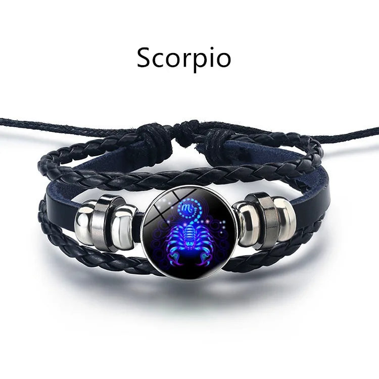 12 Constellation Zodiac Sign Black Braided Leather Bracele