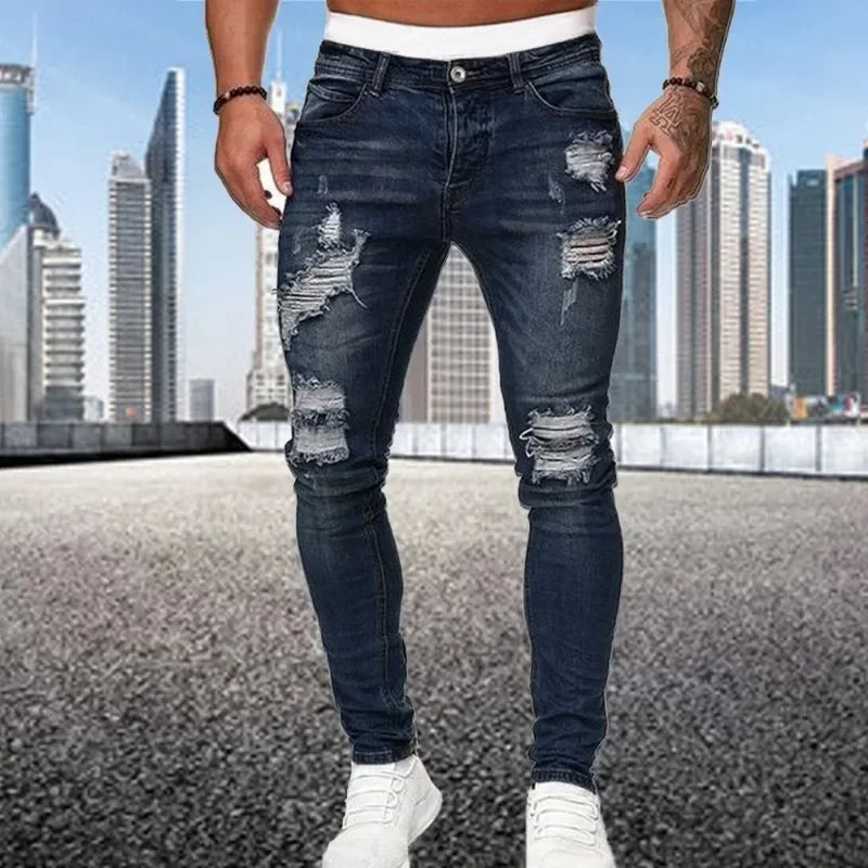 2024 New Retro Ripped Pencil Small Foot Skinny Jeans for Men Motorcycle Streetwear Stretch Straight Casual Slim Jeans Male