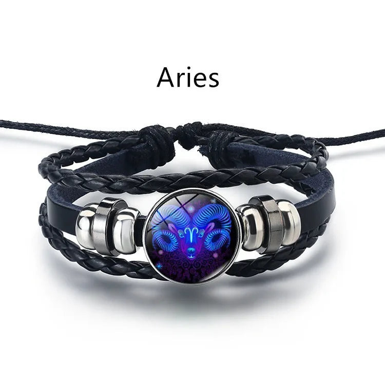 12 Constellation Zodiac Sign Black Braided Leather Bracele