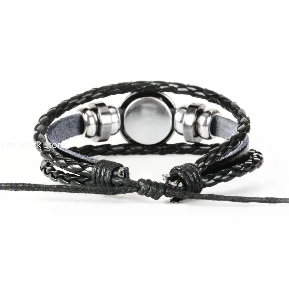 12 Constellation Zodiac Sign Black Braided Leather Bracele