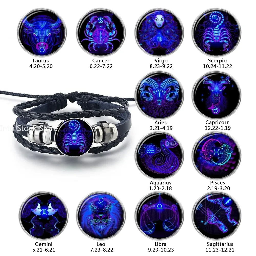 12 Constellation Zodiac Sign Black Braided Leather Bracele