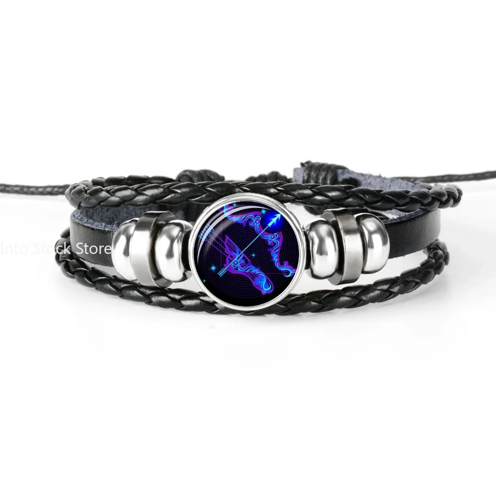 12 Constellation Zodiac Sign Black Braided Leather Bracele