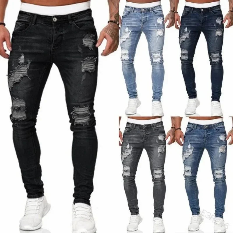 2024 New Retro Ripped Pencil Small Foot Skinny Jeans for Men Motorcycle Streetwear Stretch Straight Casual Slim Jeans Male