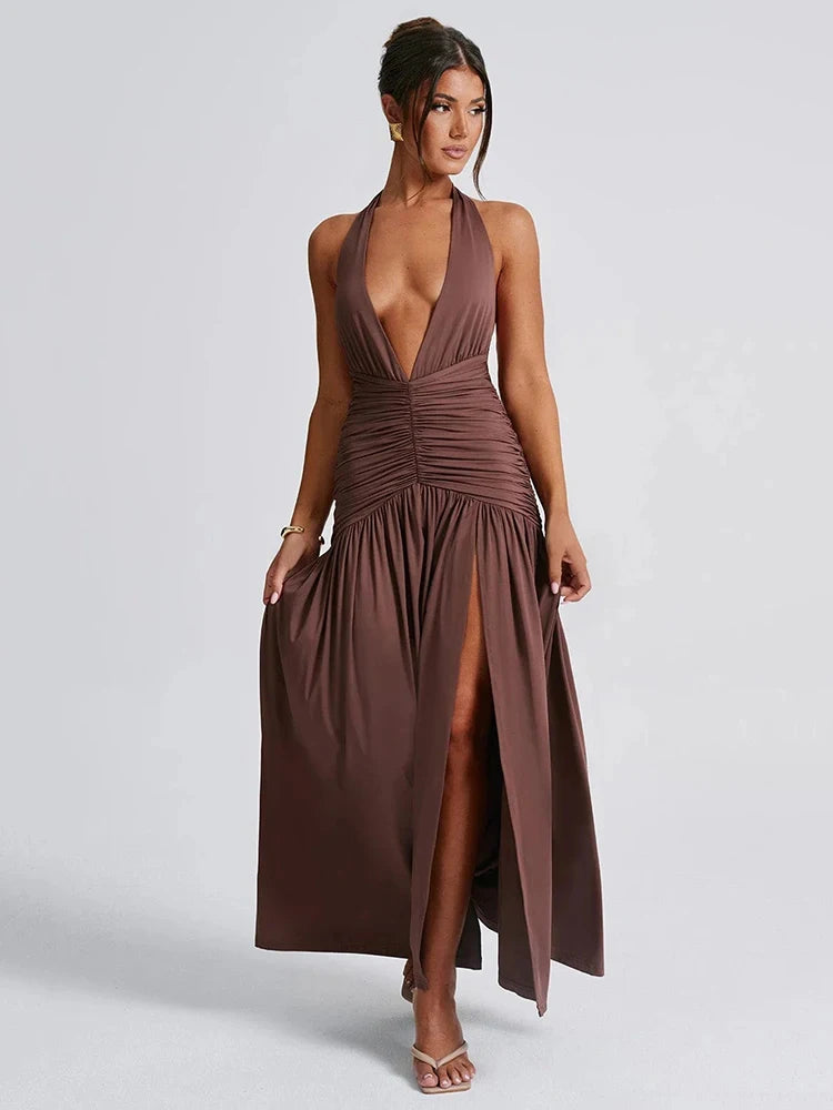 Aoaiiys Solid Dresses for Women Neck-mounted V-neck Slit Cut Pleated Backless Elegant Sexy Dresses