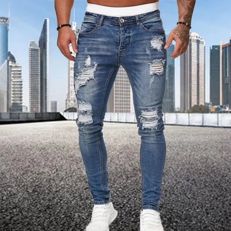 2024 New Retro Ripped Pencil Small Foot Skinny Jeans for Men Motorcycle Streetwear Stretch Straight Casual Slim Jeans Male