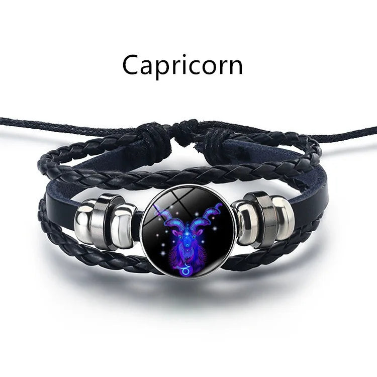 12 Constellation Zodiac Sign Black Braided Leather Bracele