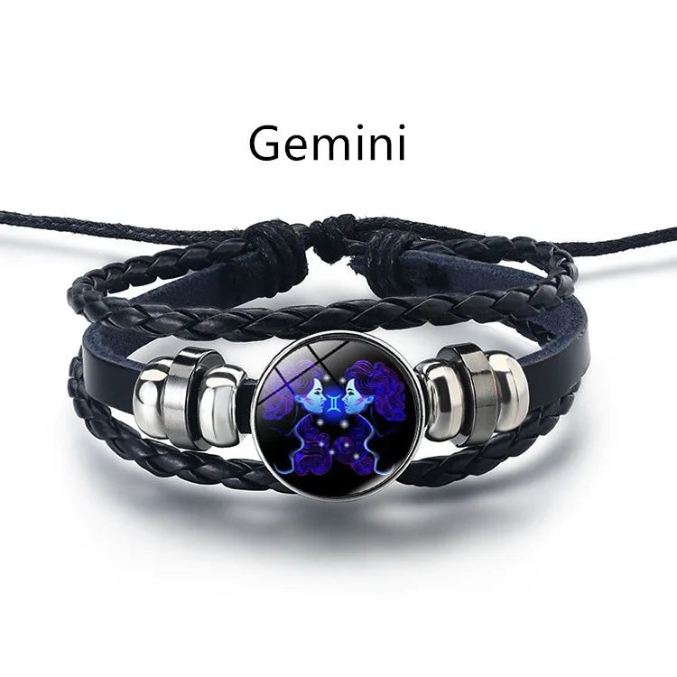 12 Constellation Zodiac Sign Black Braided Leather Bracele