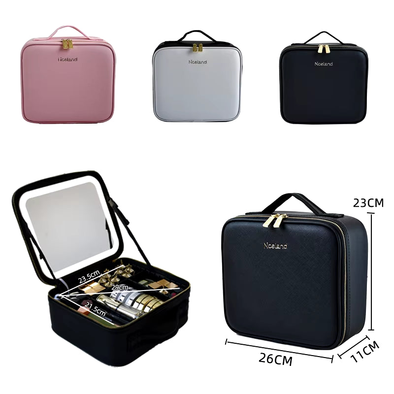 2022 New Smart LED Makeup Bag for Women with Mirror with Compartments Waterproof PU Leather Travel Cosmetic Case for Women