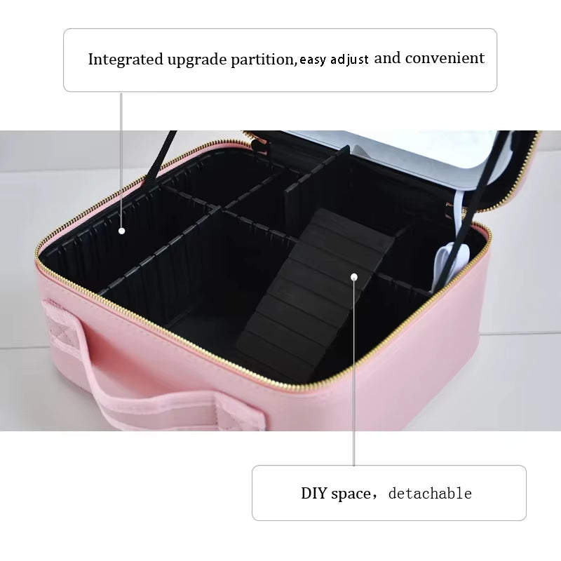 2022 New Smart LED Makeup Bag for Women with Mirror with Compartments Waterproof PU Leather Travel Cosmetic Case for Women