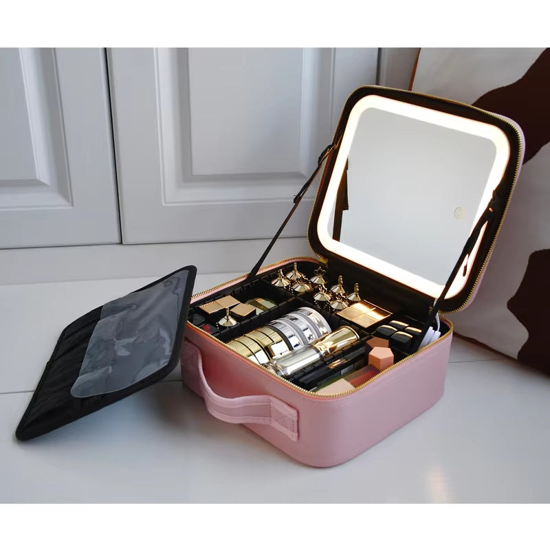 2022 New Smart LED Makeup Bag for Women with Mirror with Compartments Waterproof PU Leather Travel Cosmetic Case for Women