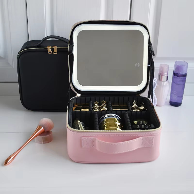 2022 New Smart LED Makeup Bag for Women with Mirror with Compartments Waterproof PU Leather Travel Cosmetic Case for Women